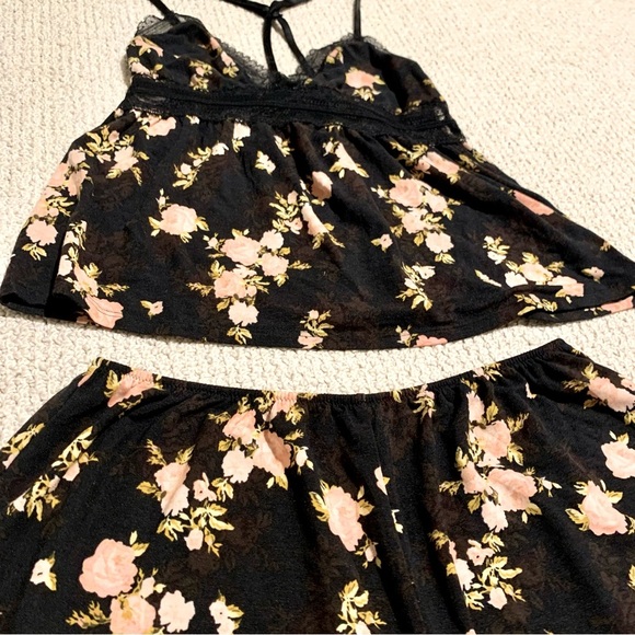 VS Black Pink Roses Floral Print Heavenly Supersoft Modal Lace Cami Short Set
